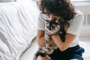 crop positive woman cuddling and kissing adorable cat